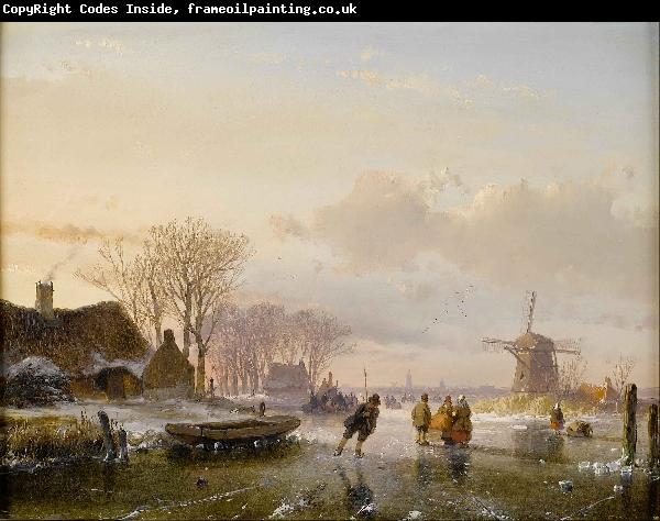 Andreas Schelfhout Skaters and figures on a frozen river